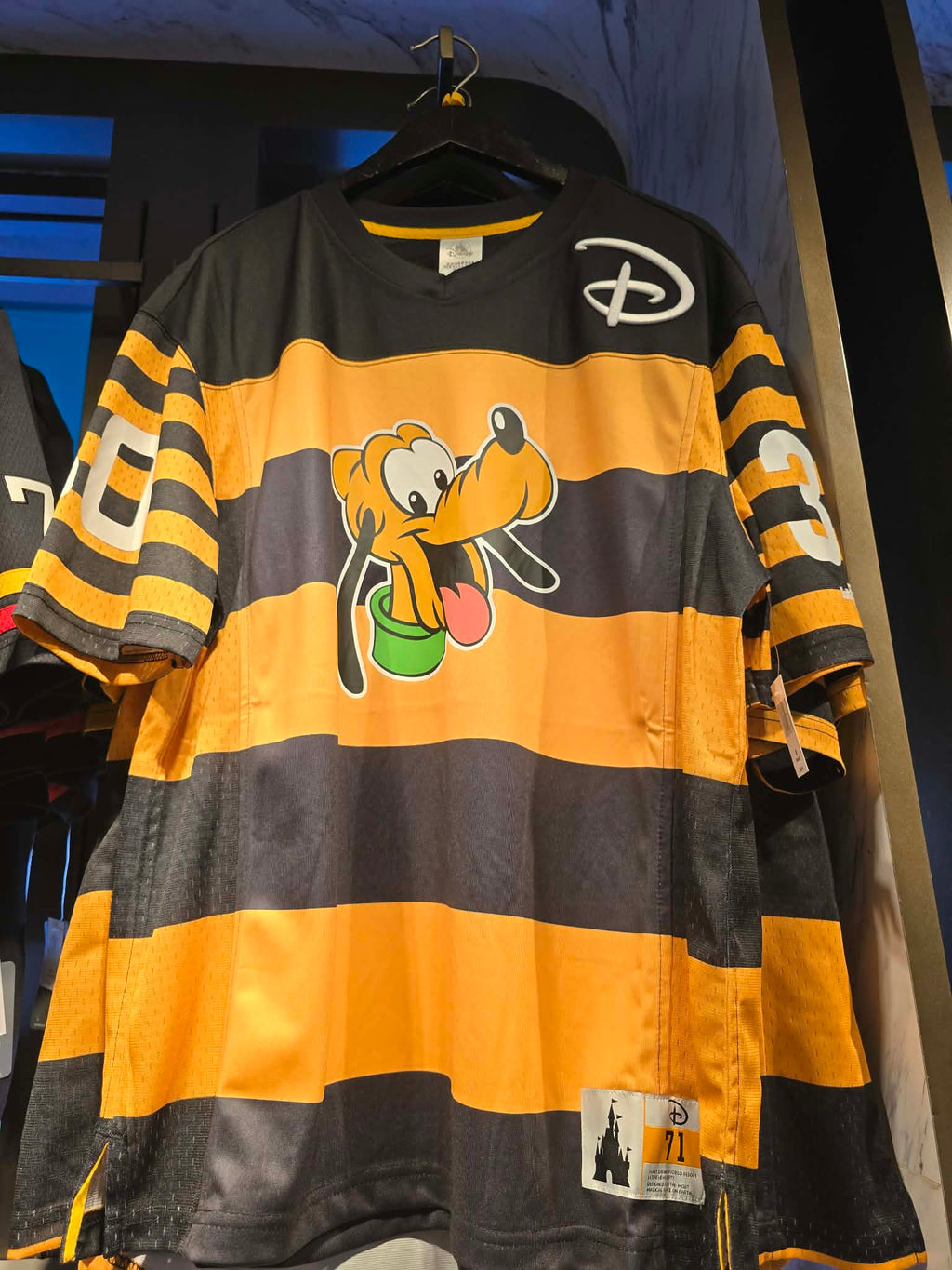 Disney Parks Pluto Jersey Featuring Black & Yellow Stripes and Embroidered Logo
