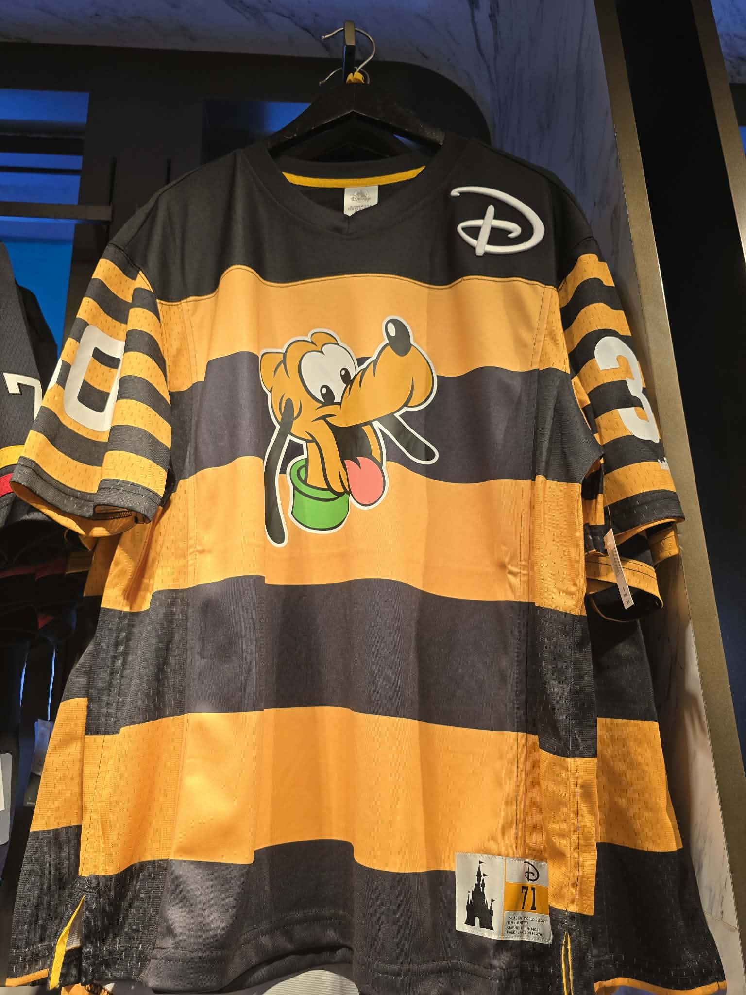 Disney Parks Pluto Jersey Featuring Black & Yellow Stripes and Embroidered Logo