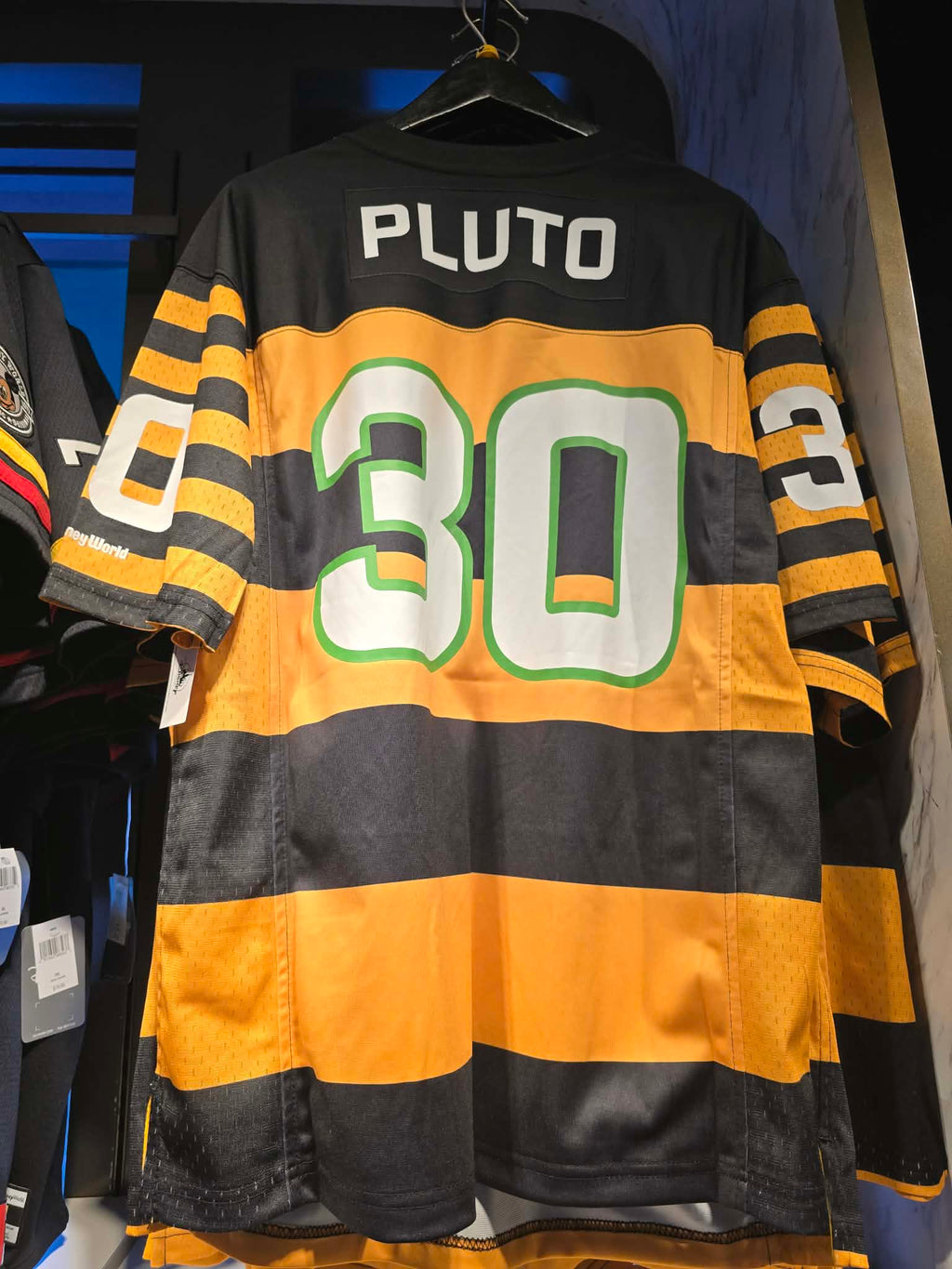 Disney Parks Pluto Jersey Featuring Black & Yellow Stripes and Embroidered Logo